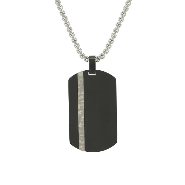The Onyx Pendant Tag Necklace, available at Magnolia Cremations, is a modern black stainless steel tag pendant featuring a sleek silver-tone hammered accent strip. Designed to discreetly hold a small portion of ashes, this stylish piece offers a meaningful way to keep a loved one close. The pendant includes a matching 24-inch chain, and engraving is available for personalization.
