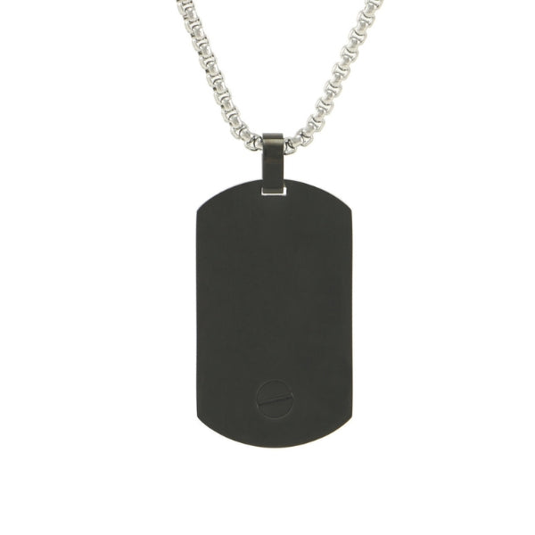 The Onyx Pendant Tag Necklace is a sleek, black stainless steel memorial pendant with a minimalist design. It features a discreet compartment for holding a small portion of ashes and includes an option for personalized engraving. The pendant comes with a matching 24-inch chain.