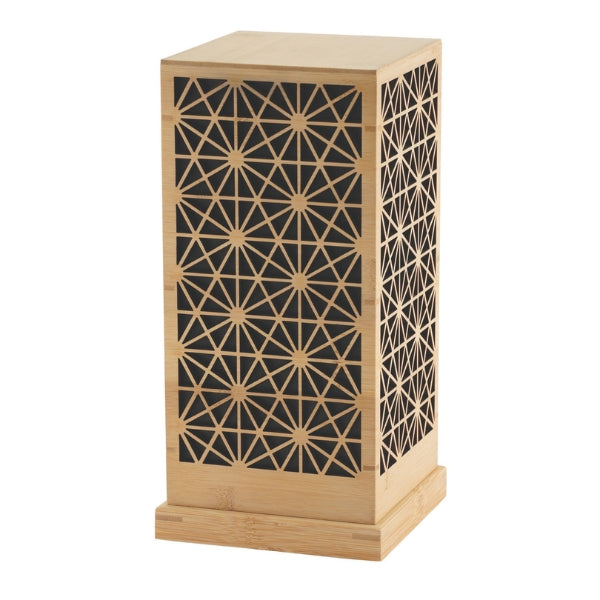 A rectangular memorial urn crafted from bamboo and black MDF, featuring an intricate geometric lattice pattern on its front and side panels. The urn’s natural wood tones contrast with the deep black backing, creating a striking and elegant design. This extra-large urn, available at Magnolia Cremations, is both a meaningful tribute and a tasteful addition to any home. Personalization is available for an added touch of remembrance.