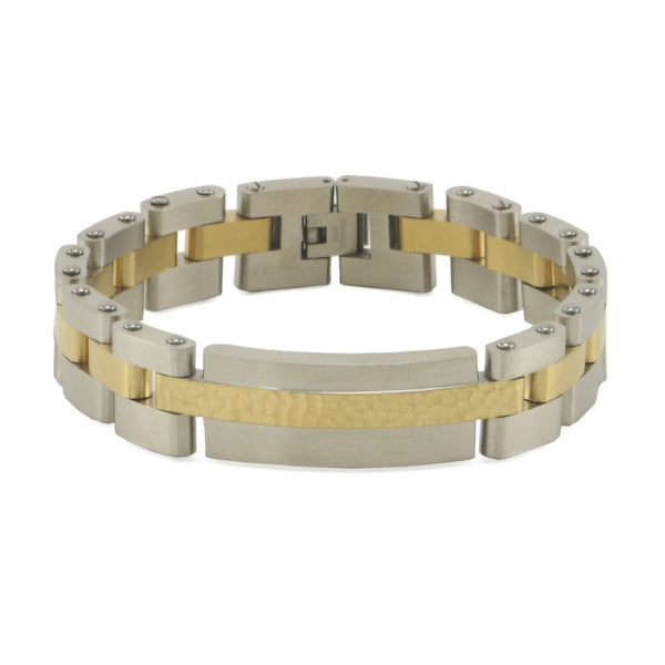 The Pewter/Bronze Cable Link Bracelet, available at Magnolia Cremations, is a refined stainless steel memorial piece featuring 14K gold-plated accents and a secure watch-band clasp. Designed with durability and elegance in mind, this bracelet discreetly holds a nominal amount of ashes, offering a meaningful way to keep a loved one close. The textured gold-tone center adds a sophisticated touch, making it both a stylish and sentimental keepsake.