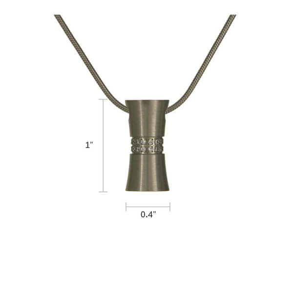 The Pewter Hourglass Memorial Necklace, available at Magnolia Cremations, is a sleek stainless steel pendant with a brushed silver finish and three rows of cubic zirconia accents. Measuring 1 inch in height and 0.4 inches in width, this elegant hourglass design discreetly holds a nominal amount of ashes, offering a meaningful way to cherish a loved one’s memory. It includes a matching 19-inch chain.