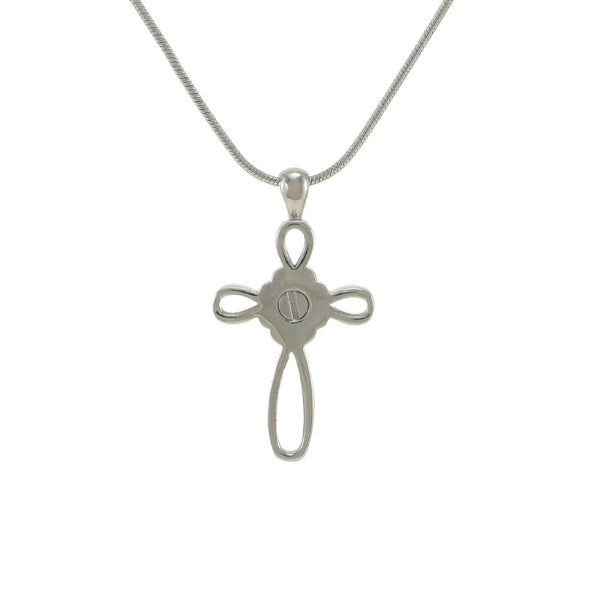 The Pewter Infinity Cross Memorial Necklace, available at Magnolia Cremations, is a refined stainless steel pendant featuring an infinity cross design with elegant loops. This memorial piece includes a discreet compartment on the back for holding a nominal amount of ashes, allowing you to keep a loved one close. It comes with a matching 19-inch chain.
