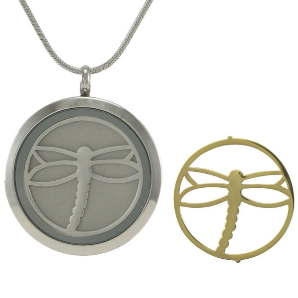 The Pewter Round Dragonfly Pendant Necklace from Magnolia Cremations is a symbolic and elegant tribute, featuring a round stainless steel frame with interchangeable dragonfly inserts in pewter and 14k-plated bronze. This design allows for a customizable look while keeping a cherished memory close. The pendant includes a secure compartment to hold a nominal amount of ashes and comes with a matching 19-inch chain. Engraving is available for a personalized touch.