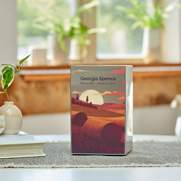 The Prairie Landscape in Pewter Memorial Urn, available at Magnolia Cremations, sits on a woven table runner in a sunlit home setting. The urn features a brushed stainless steel finish with a warm, artistic prairie landscape design, showcasing rolling fields, hay bales, and a glowing sun. A custom engraving is displayed on the upper portion, highlighting personalization options. Soft natural light and surrounding décor, including a small plant and ceramic vase, create a peaceful and reflective atmosphere.