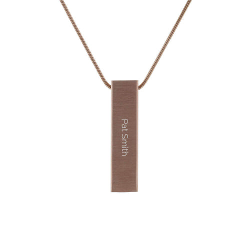 The Rose Pillar w/ Cubic Zirconia Memorial Necklace, available at Magnolia Cremations, is shown here with an engraved name, demonstrating the personalization options available. This elegant rose gold-tone pendant features a sleek pillar design, with space for a nominal amount of ashes, offering a meaningful way to keep a loved one close. The stainless steel construction ensures durability, while the matching 19-inch chain with a lobster claw clasp provides secure wear.