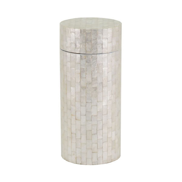 A cylindrical scattering urn with a removable lid, covered in a mosaic of rectangular shell tiles that give it a pearlescent, reflective finish.