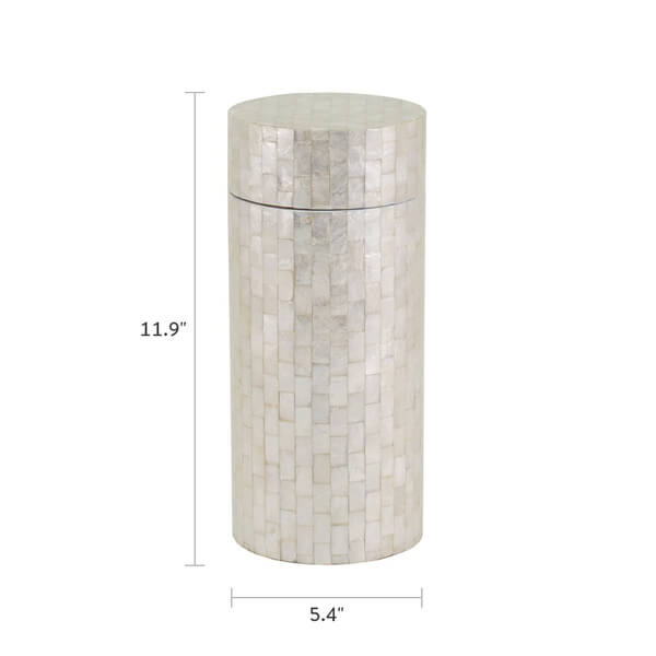 Cylindrical scattering urn with a mother-of-pearl shell tile exterior, measuring 11.9 inches in height and 5.4 inches in diameter. The urn has a removable lid and a glossy, iridescent finish.