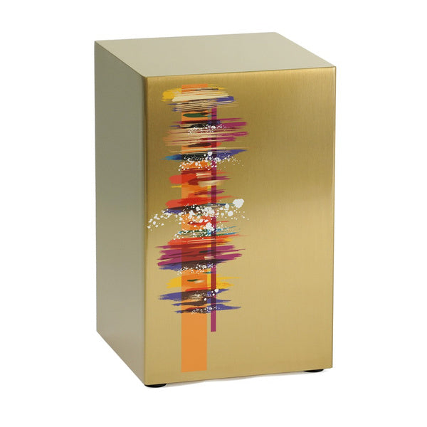 The Artist in Bronze Memorial Urn, available at Magnolia Cremations, showcases a brushed stainless steel design with a striking abstract artwork in vivid colors. This contemporary urn from the Life Canvas Series offers a modern and artistic tribute, blending vibrant expression with timeless elegance. Engraving options are available for personalization.