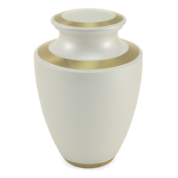The Trinity Pearl Memorial Urn, available at Magnolia Cremations, featuring a smooth white high-gloss finish with gold accents along the lid, base, and rim. This full-size brass urn offers a timeless and elegant tribute, with personalization options available.
