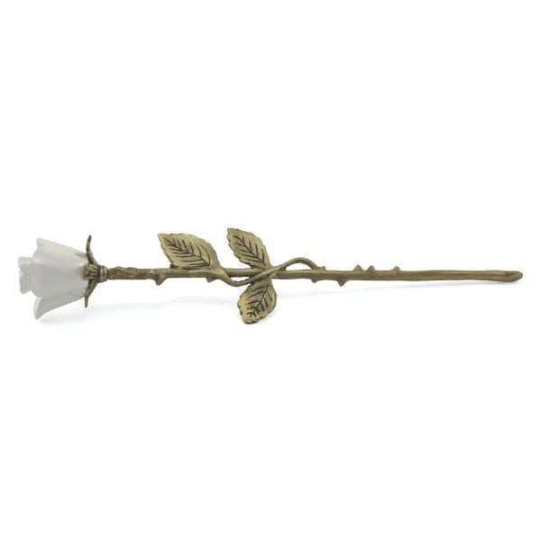 The White Rose Keepsake from Magnolia Cremations is a finely crafted brass memorial piece featuring a delicate white rose with a gold-toned stem and intricately detailed leaves. Designed to hold a small portion of ashes, this elegant keepsake serves as a timeless tribute to a loved one.