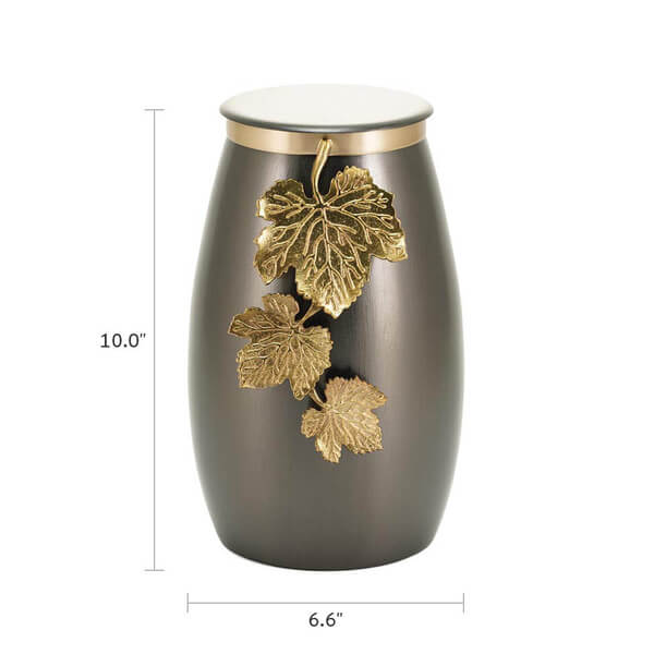 Slate gray cremation urn with a gold vine and leaf design, shown with dimensions. The urn is 10.0 inches tall and 6.6 inches wide, with a rounded shape and a gold-trimmed lid.
