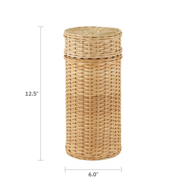 Cylindrical rattan scattering urn with a woven natural finish and fitted lid; dimensions are 12.5 inches high and 6.0 inches in diameter.