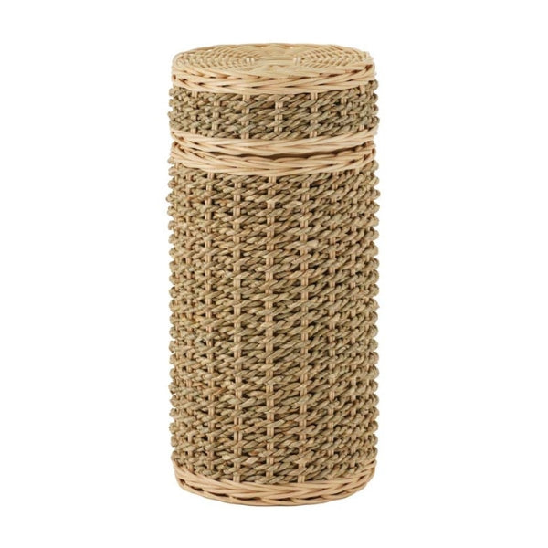 The Woven Naturals Seagrass Memorial Urn, available at Magnolia Cremations. This eco-friendly urn is handcrafted from tightly woven seagrass, featuring a cylindrical shape with a natural beige and brown color palette. The intricate weaving pattern creates a textured, organic appearance, with reinforced wicker bands at the top and bottom for added structure. Designed for biodegradable burials or scattering ceremonies, this urn offers a sustainable and serene way to honor a loved one.