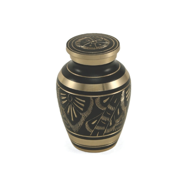 Small brass urn with a black finish and delicate gold line pattern. Radiance Elite by Terrybear.