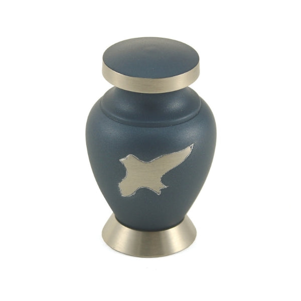 Aria Ascending keepsake urn with a blue finish and silver doves, offering a peaceful tribute to a loved one.