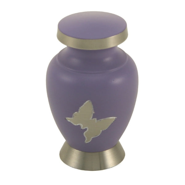 Aria Butterfly keepsake urn with a lavender finish and pewter butterflies.