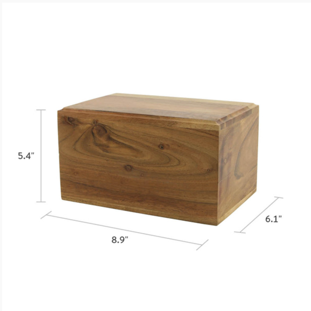 Acacia Box, a full-size cremation urn crafted from acacia wood. This urn has a simple, rectangular shape with the natural wood grain visible. Suitable for holding the ashes of an adult.