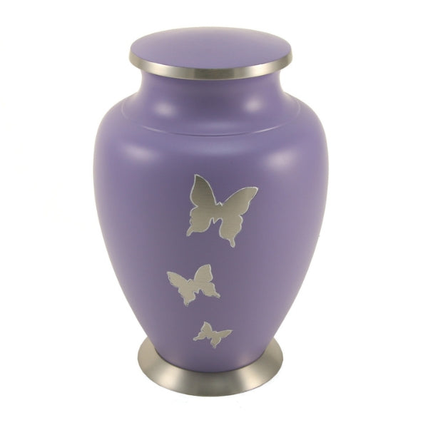 Aria Butterfly cremation urn in lavender with pewter butterfly accents.