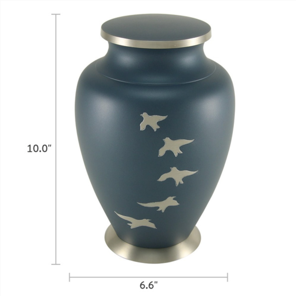 Aria® Ascending, a full-size cremation urn. This elegant urn features a deep blue finish with silver birds ascending towards the top, symbolizing ascension to the afterlife. It is made of solid brass and has a secure, threaded lid.