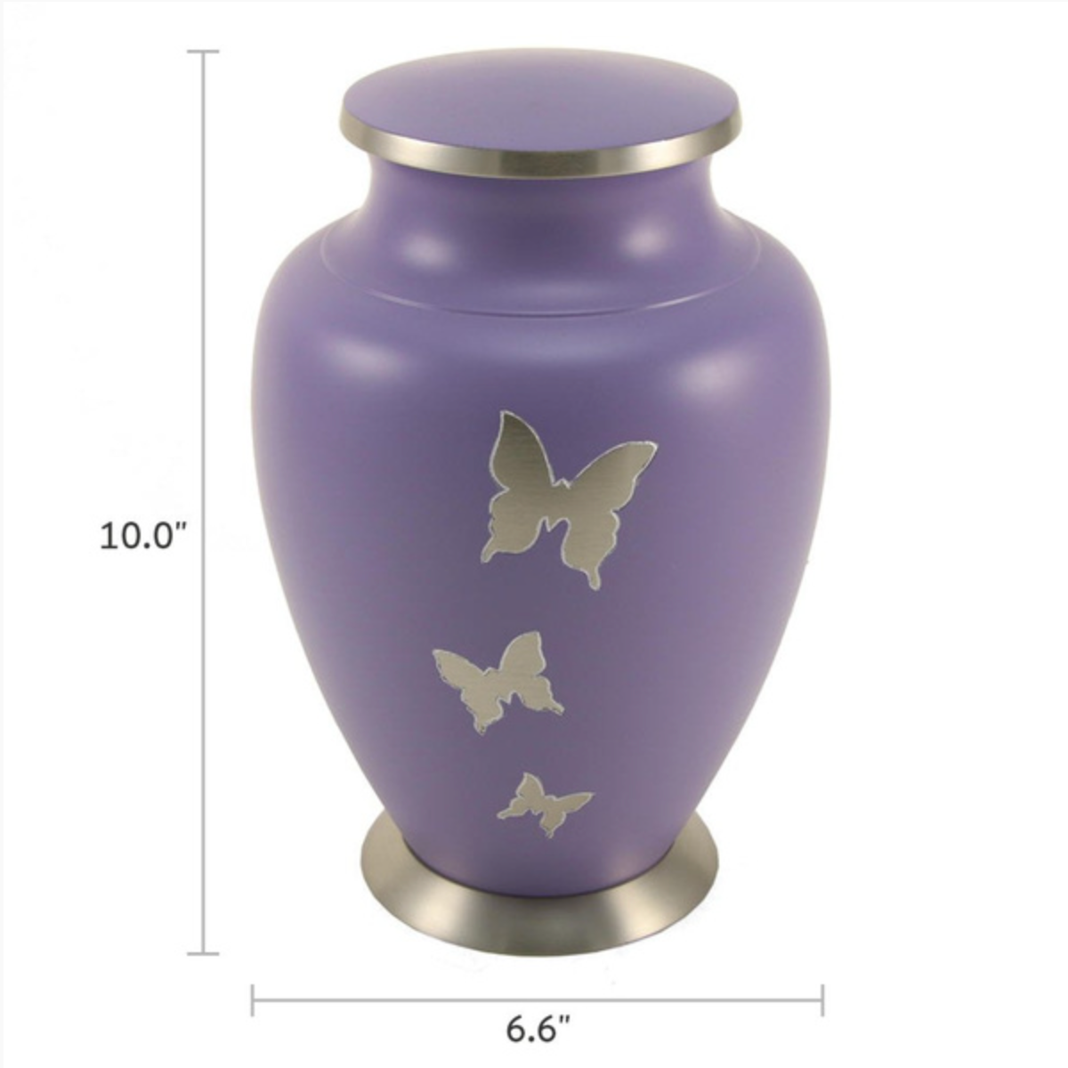 Aria® Butterfly, a full-size cremation urn. This elegant urn features a delicate butterfly design on a muted lavender finish. Made of solid brass with a secure, threaded lid. Suitable for holding the ashes of an adult.