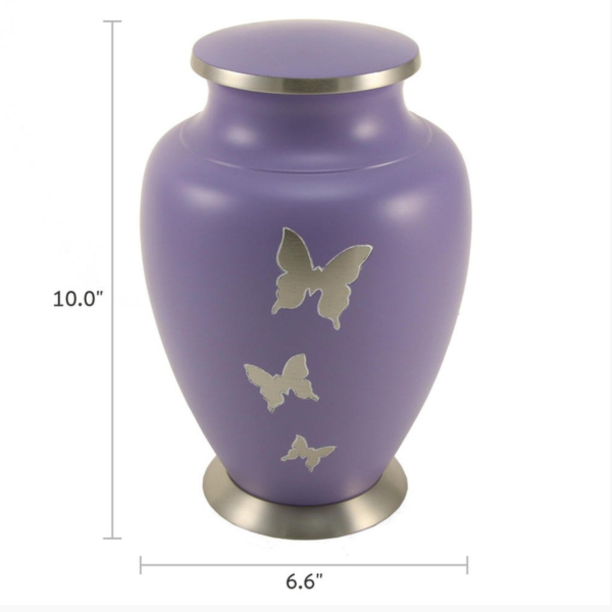 Brass urn with butterfly design. The Aria Butterfly urn symbolizes transformation and new beginnings. This full-size urn is crafted from solid brass and features a secure, threaded lid.