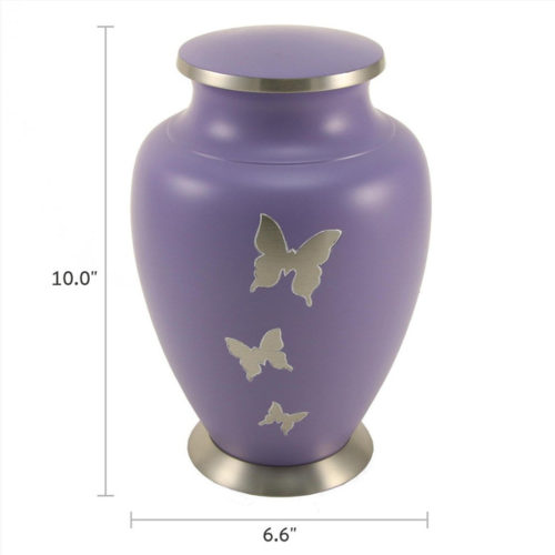 Aria cremation urn with nickel-plated accents, shown with product dimensions of 10 inches tall and 6.6 inches wide.