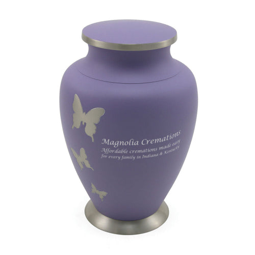 Aria brass cremation urn with butterfly engravings and optional engraving for personalization.