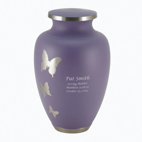 Aria brass cremation urn in lavender with an example of optional engraving customization.