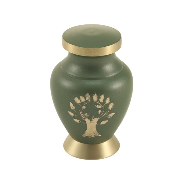 The Aria Tree of Life Keepsake Urn from Magnolia Cremations is a small brass urn with a matte green finish, gold-tone trim, and an engraved tree design symbolizing growth, strength, and remembrance. Designed to hold a small portion of ashes, this keepsake allows family members to each keep a cherished connection to their loved one. Personalization is available through custom engraving.