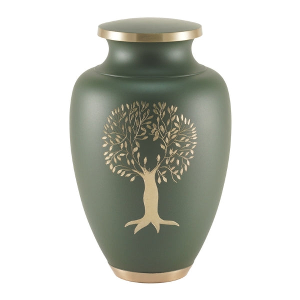 Aria brass cremation urn in matte green with a hand-etched Tree of Life design and brass accents.