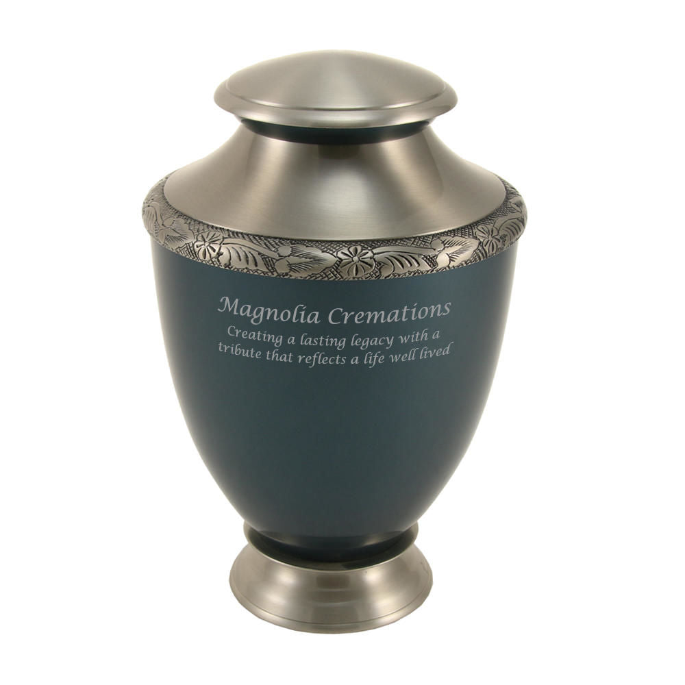 Indigo blue urn with a decorative band of etched flowers.