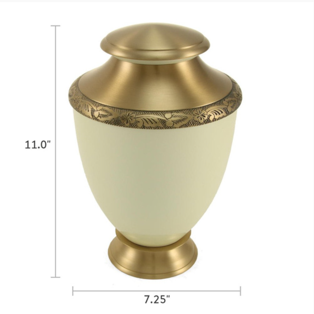 Artisan Pearl, a full-size cremation urn. This urn features a pearlescent white finish with a decorative etched lid and a polished base. Made from brass with a secure, threaded lid, it is suitable for holding the ashes of an adult.