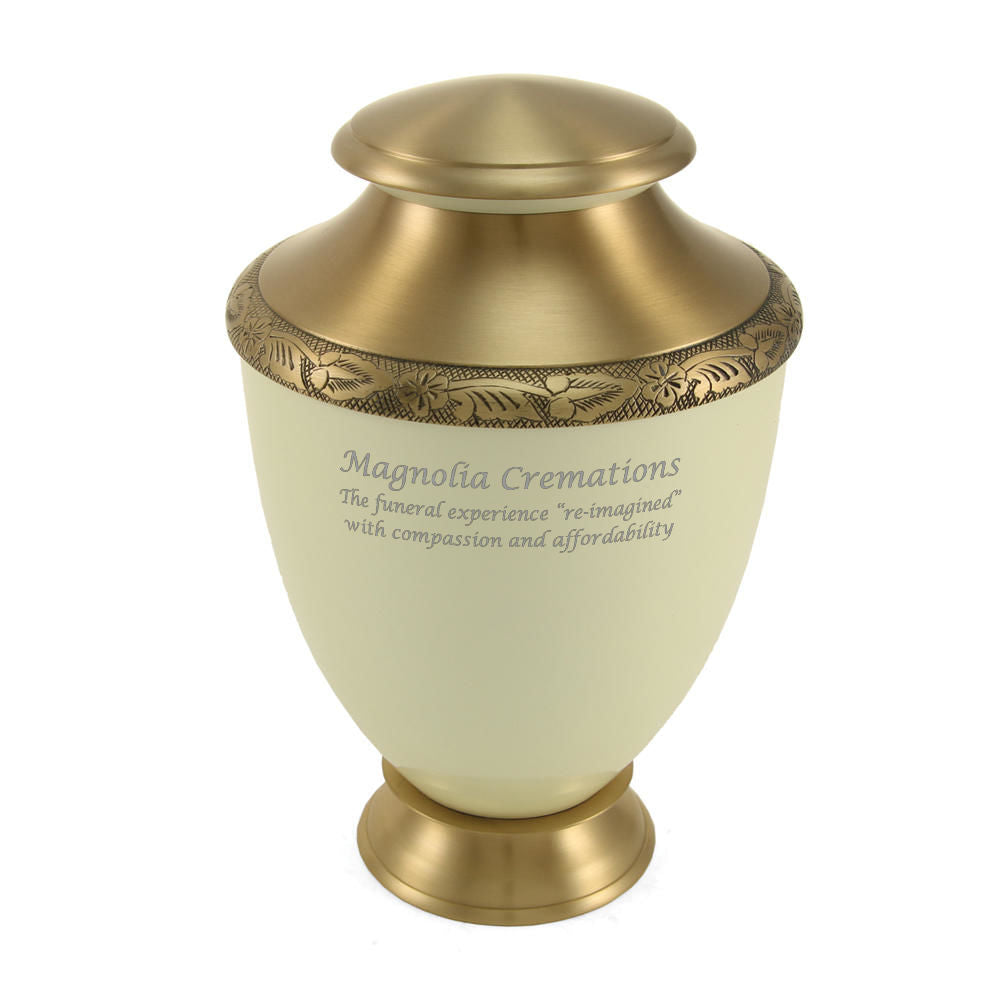 Creamy white urn with a delicate floral design around the center.