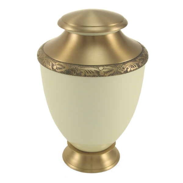 Artisan Pearl cremation urn with a pearl white finish and etched floral band.