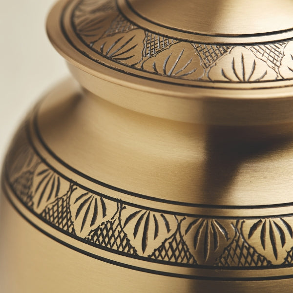 Athena Bronze urn with its lid, showcasing the bronze finish and decorative banding detail.