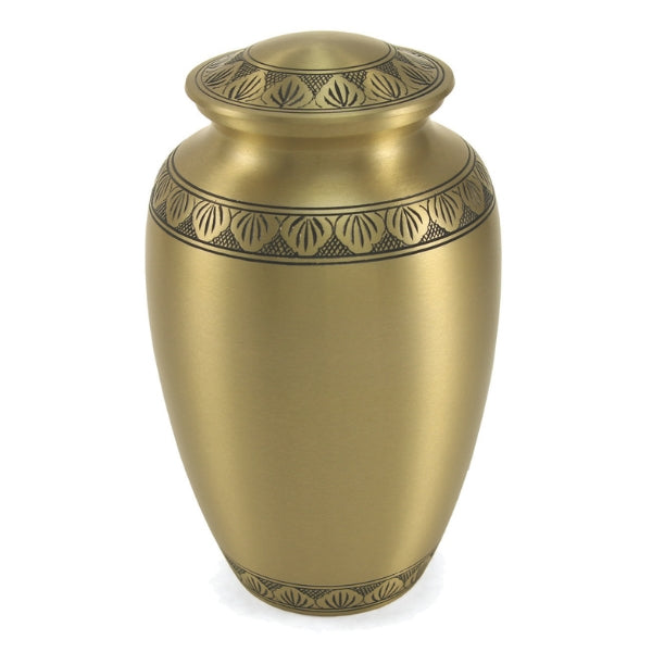 Athena Bronze cremation urn with a bronze finish and decorative bands.