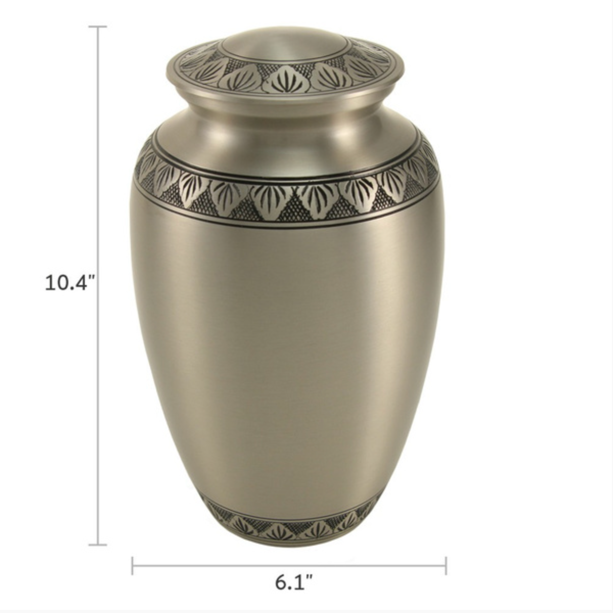 "Athena Pewter cremation urn. This classically shaped urn features a hand-brushed pewter finish with engraved and enameled Grecian-style leaves. Made from solid brass with a secure, threaded lid.