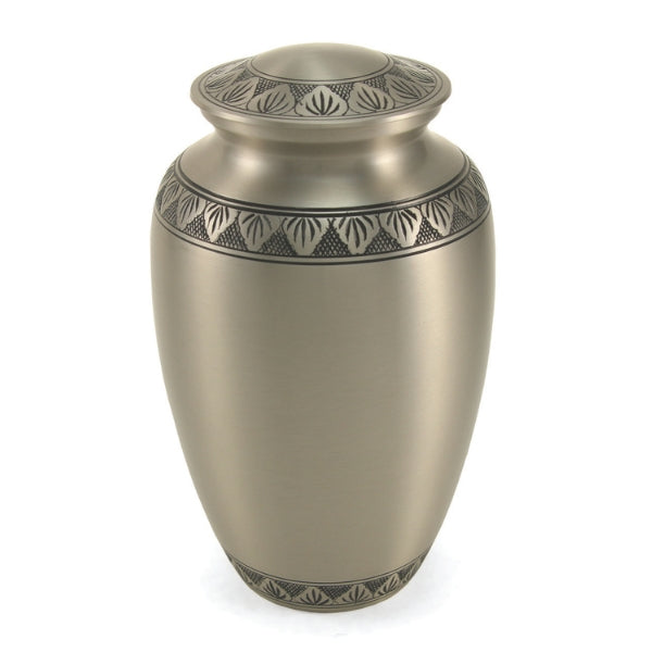 Large brass cremation urn with a pewter finish and decorative bands. Suitable for holding ashes.