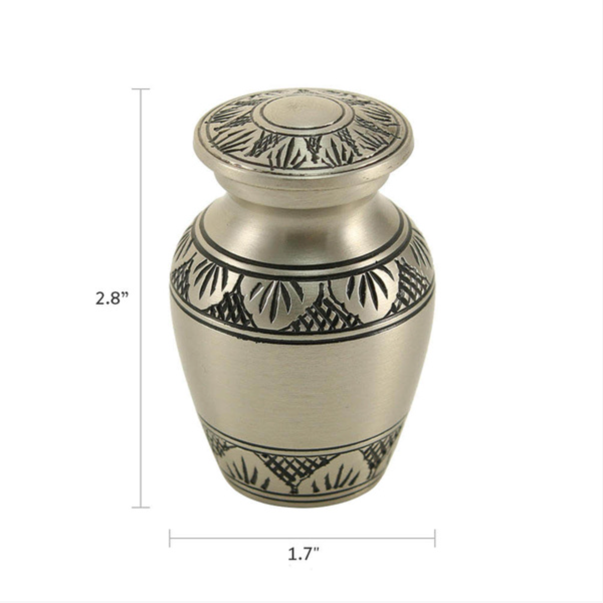 Athena® Pewter Keepsake urn. This small urn features a classic shape with a hand-brushed pewter finish and delicate Grecian-style leaves. Made from solid brass with a secure, threaded lid, it is ideal for keeping a small portion of ashes.