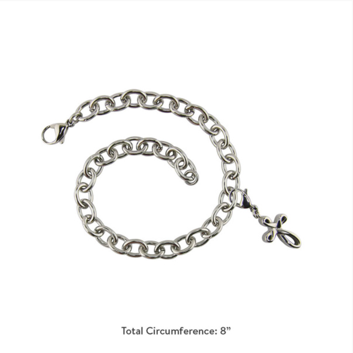 Stainless steel cremation bracelet with infinity cross charm. This stylish bracelet features a delicate chain and a small, secure urn charm designed to hold a tiny amount of ashes.