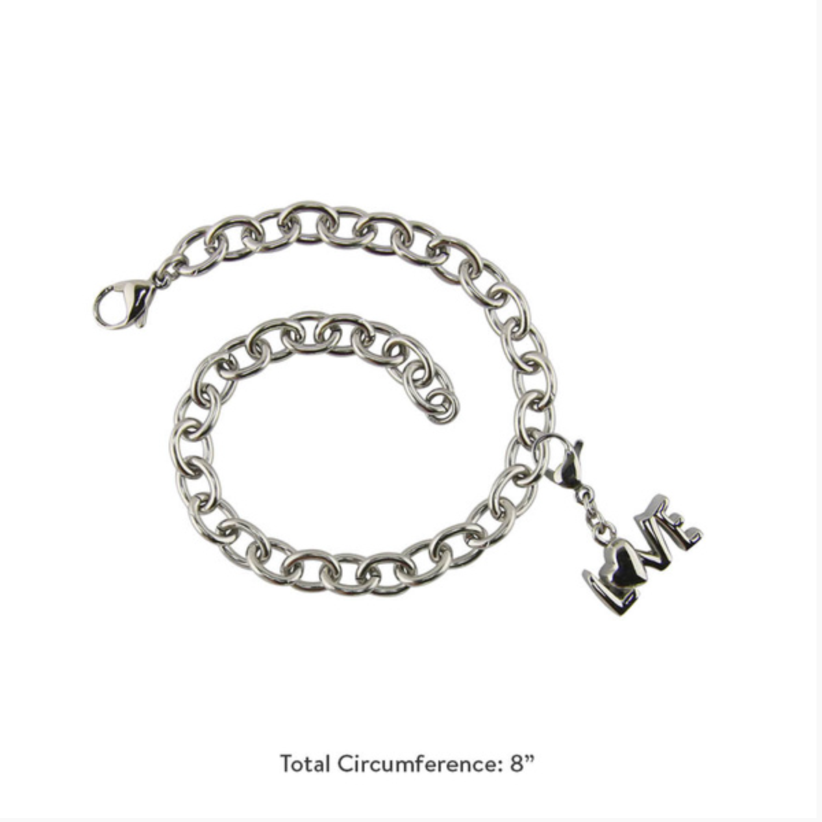 Stainless steel cremation bracelet with LOVE charm. This stylish bracelet features a delicate chain and a small, secure urn charm designed to hold a tiny amount of ashes.