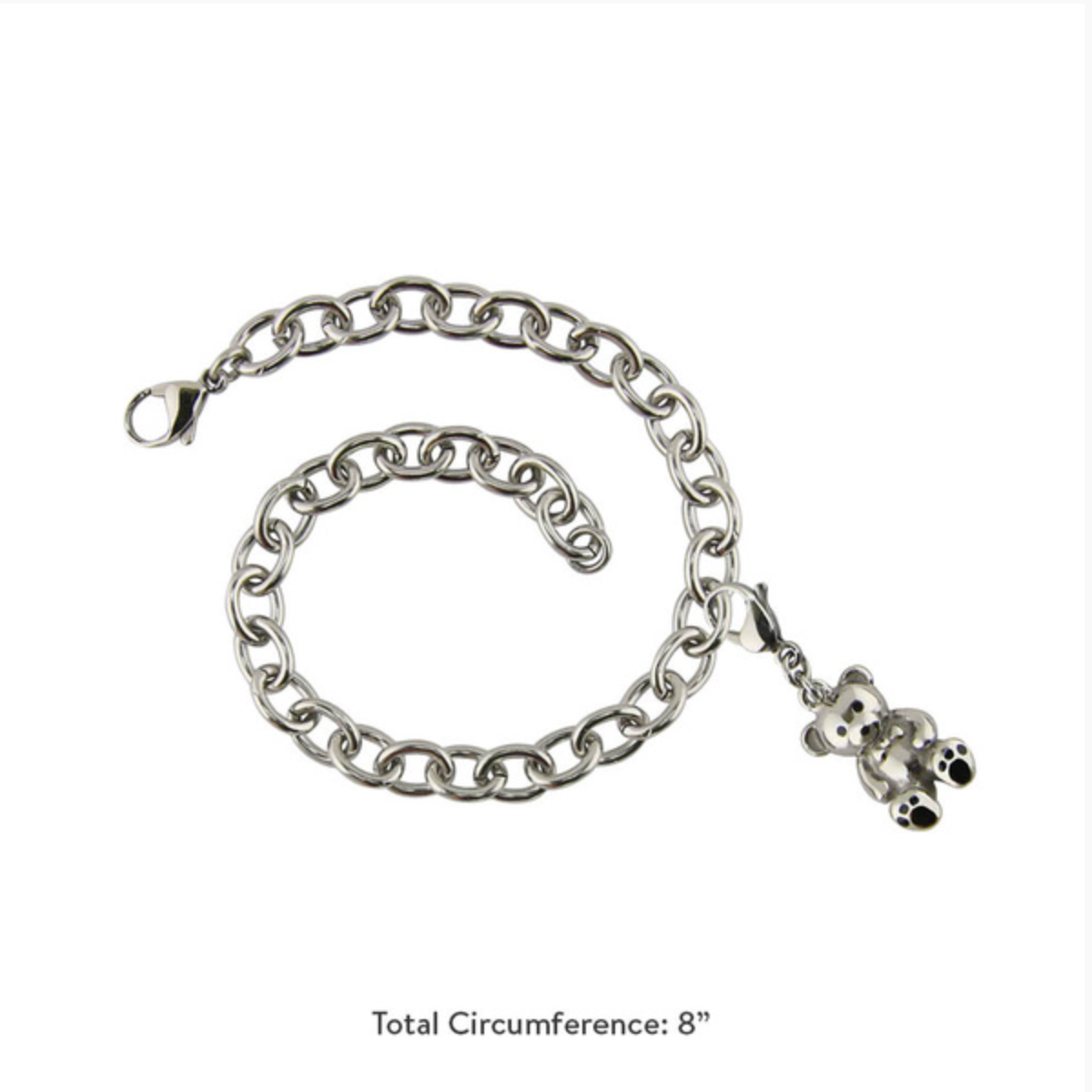 Stainless steel cremation bracelet with teddy bear charm. This delicate bracelet features a fine chain and a small, secure urn charm designed to hold a tiny amount of ashes.