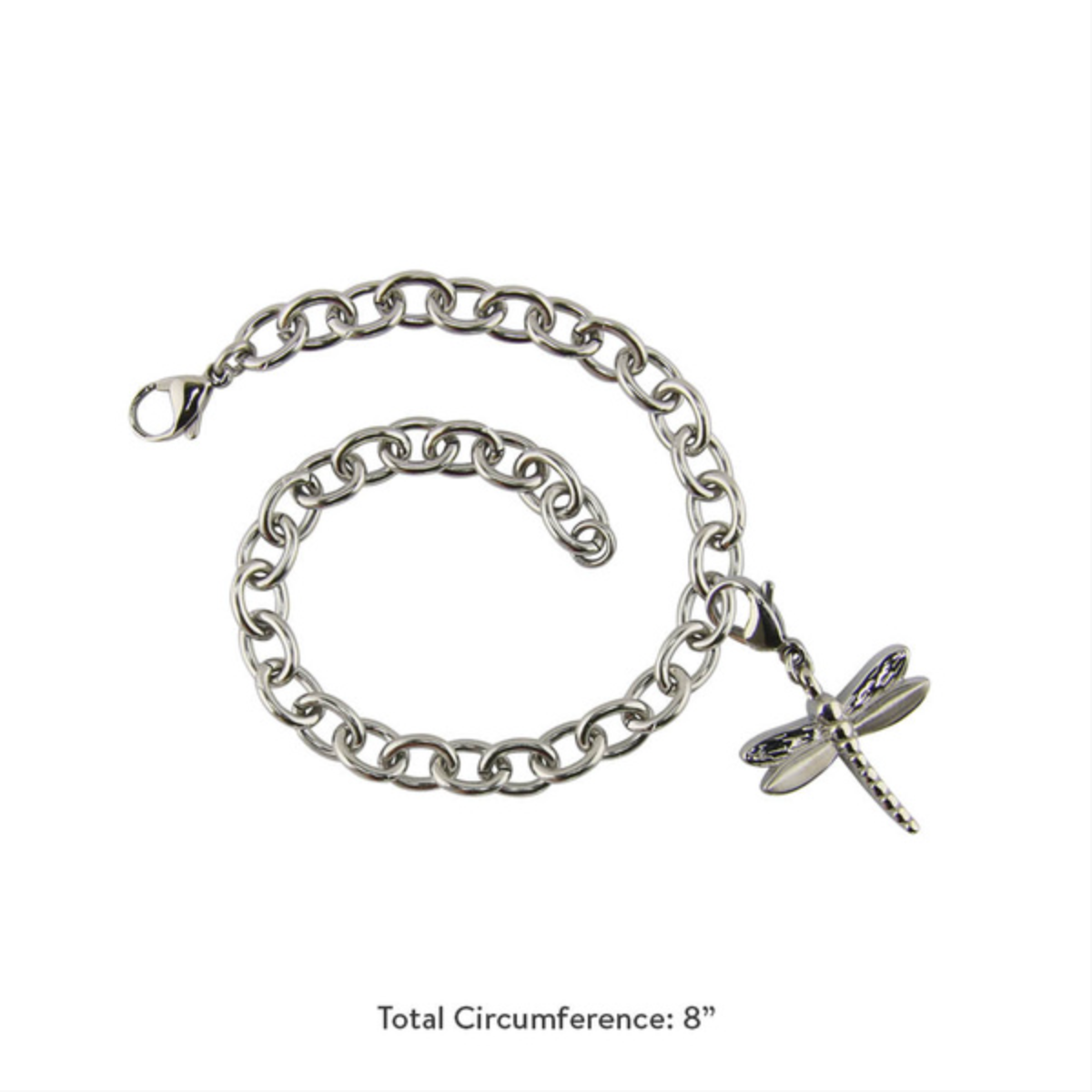 Stainless steel cremation bracelet with dragonfly charm. This stylish bracelet features a delicate chain and a small, secure urn charm designed to hold a tiny amount of ashes.