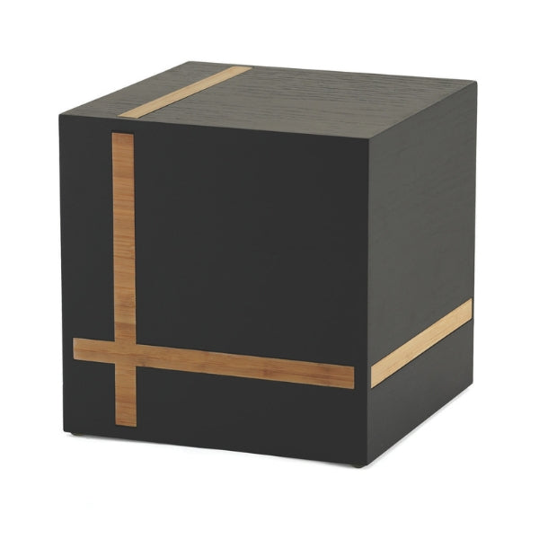 Modern cremation urn made with ebony and bamboo wood in a contrasting pattern. Bristol Ebony/Bamboo by Terrybear.