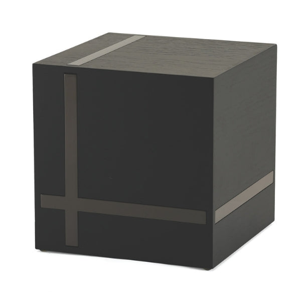 Bristol Ebony/Gloss Gray cremation urn with a cube shape and contrasting finishes.