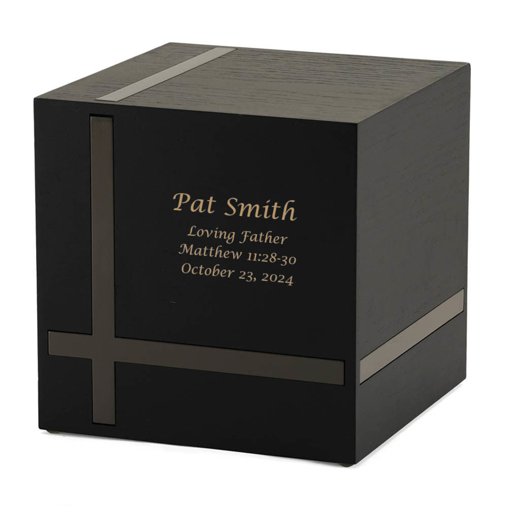 Full-size cremation urn with a 245 cubic inch capacity. The Bristol Ebony/Gloss Gray urn is a spacious and modern option for honoring a loved one. Its cube shape and two-toned design make it a beautiful addition to any home.