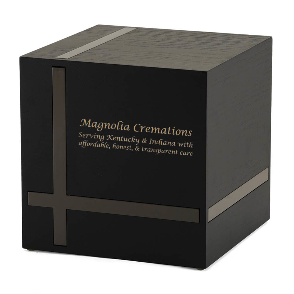 Ebony and gloss gray urn with contrasting geometric lines.