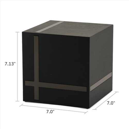 Bristol Ebony/Gloss Gray Extra-Large Cremation Urn with dimensions displayed. The urn measures 7.13 inches in height and 7.0 inches in width and depth. Features a matte black MDF finish with sleek gloss gray inlays in a geometric design. Personalization with engraving is available. 245 cubic inch capacity.