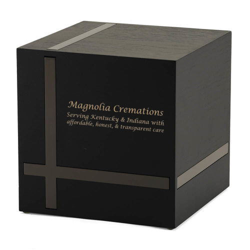 Bristol Ebony/Gloss Gray Extra-Large Cremation Urn with custom engraving. This modern, cube-shaped urn features a matte black MDF finish with sleek gloss gray inlays in a geometric pattern. Designed for home display and can be personalized with engraving. 245 cubic inch capacity.