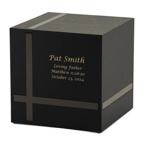 Bristol Ebony/Gloss Gray Extra-Large Cremation Urn with custom engraving. This modern, cube-shaped urn features a matte black MDF finish with sleek gloss gray inlays in a geometric design. Personalization with engraving is available. 245 cubic inch capacity.